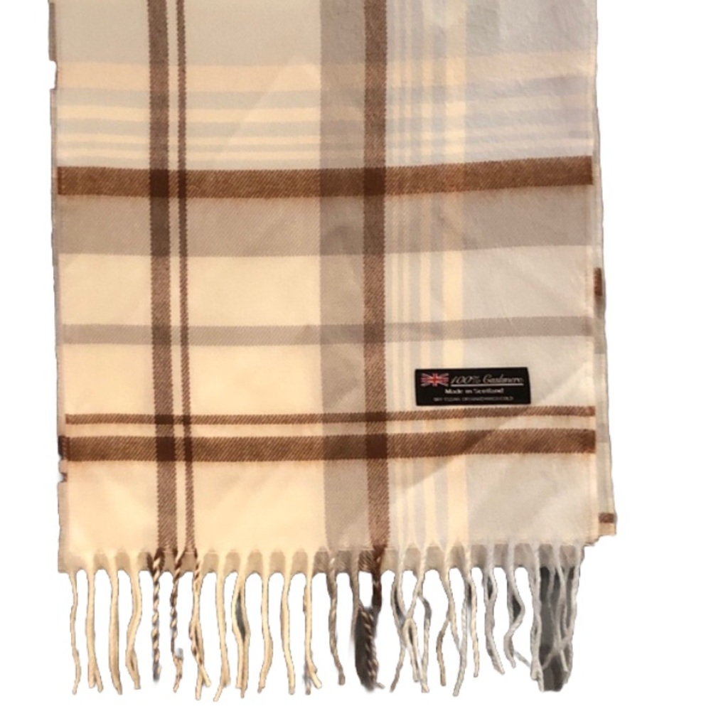 Cashmere Classic Plaid Scarf Scotland Cream Blue Brown Fringe